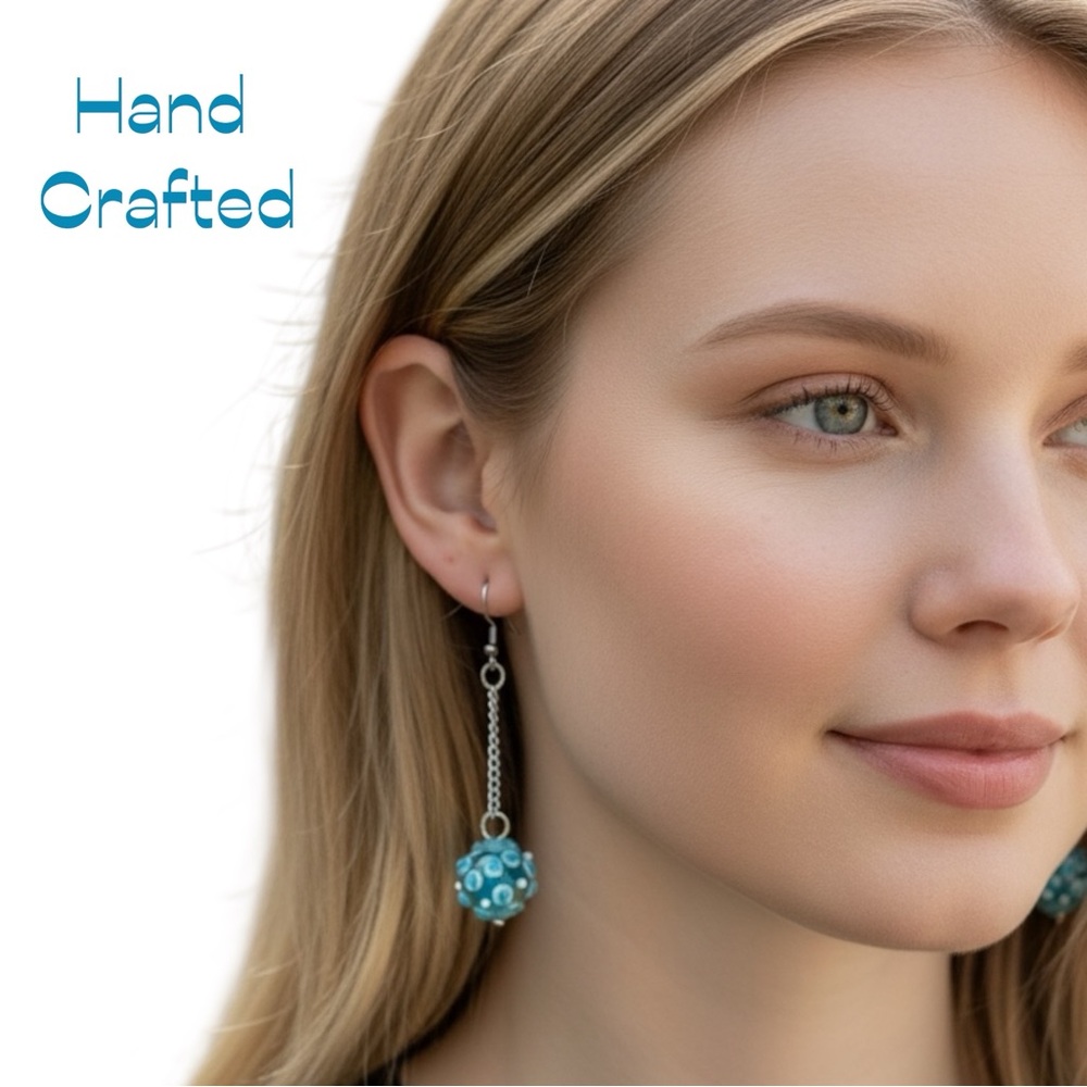 HandCrafted Teal Floral Glass Earrings NWT